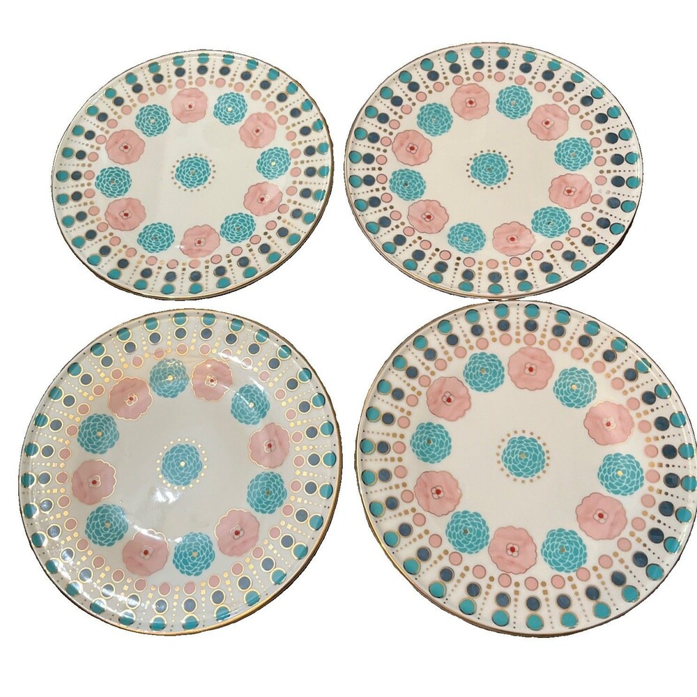 4 Anthropologie Didion Sesset Salad/Lunch Plates Floral Tiled Gold Trim Boho